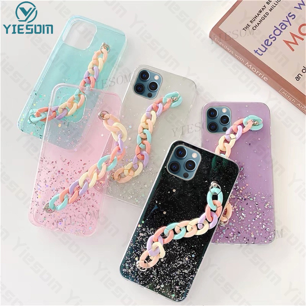 Ốp Điện Thoại Silicon Dẻo Trong Suốt Họa Tiết Cầu Vồng Kèm Dây Đeo Tay Cho iPhone 13 12 11 Pro Max