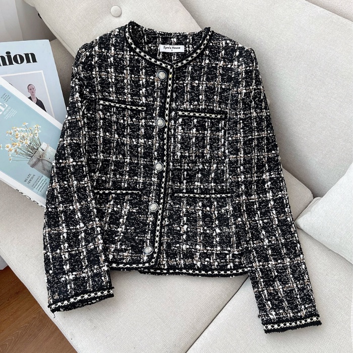 Áo dạ tweed ZYM'S HOUSE dáng ngắn cúc ngọc phối kẻ sọc K460, K461 | BigBuy360 - bigbuy360.vn