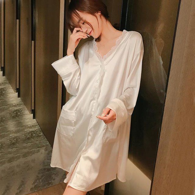 Đầm Ngủ Cổ Bẻ Phối Ren Phong Cách Pháp Cho Nữ