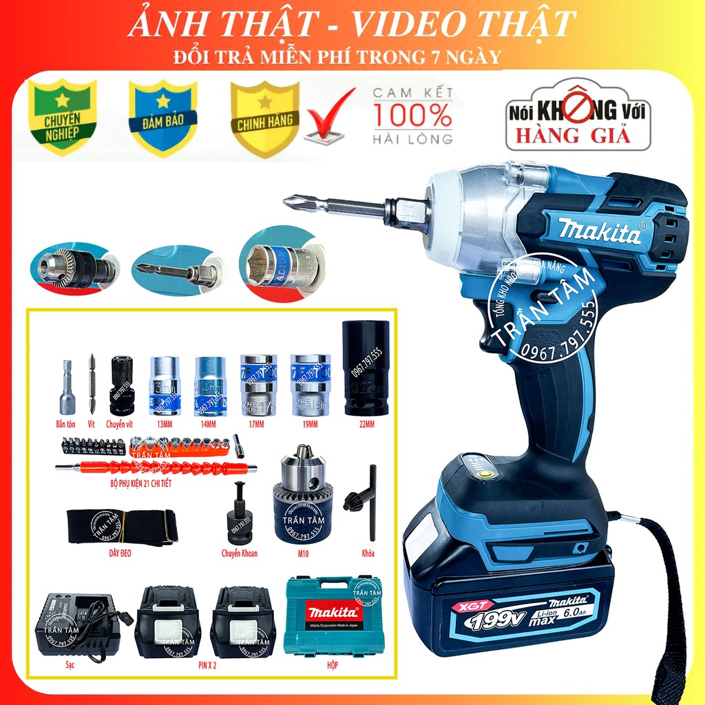 Máy Khoan Pin | Siết Bulong Makita 199V 6Ah động cơ không chổi than, LOẠI I full phụ kiện (MKT24)
