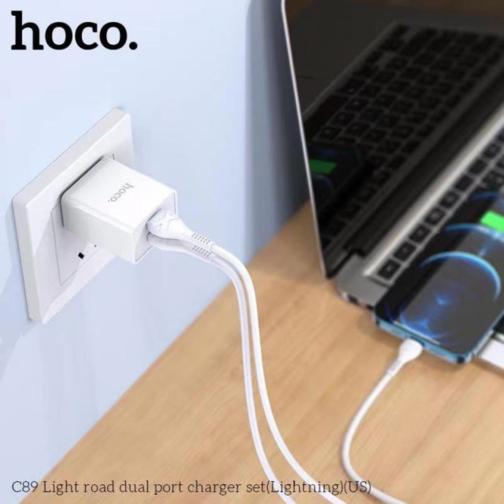 Bộ sạc Hoco C89 Lightning USB 2 cổng, sạc nhanh 2.1A tương thích với dòng iPhone/iPad chân cắm US kèm dây dài 100cm