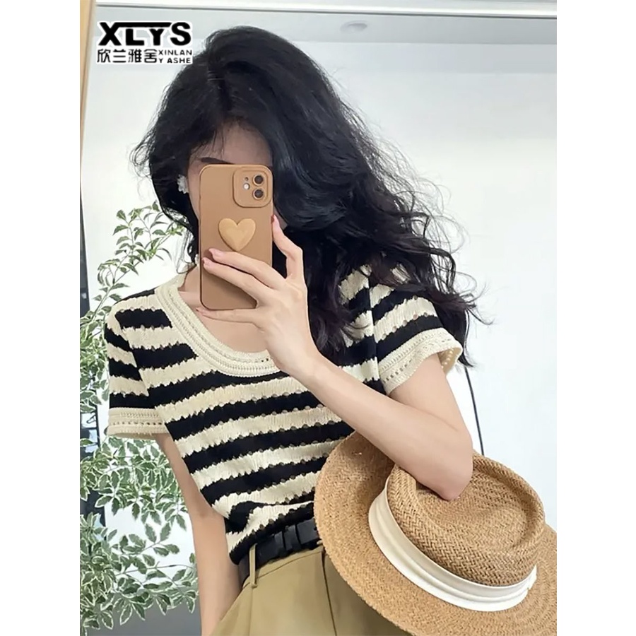 Áo thun XINLANYASHE dệt kim dáng rộng cổ chữ U họa tiết kẻ sọc thời trang mùa hè cho nữ
