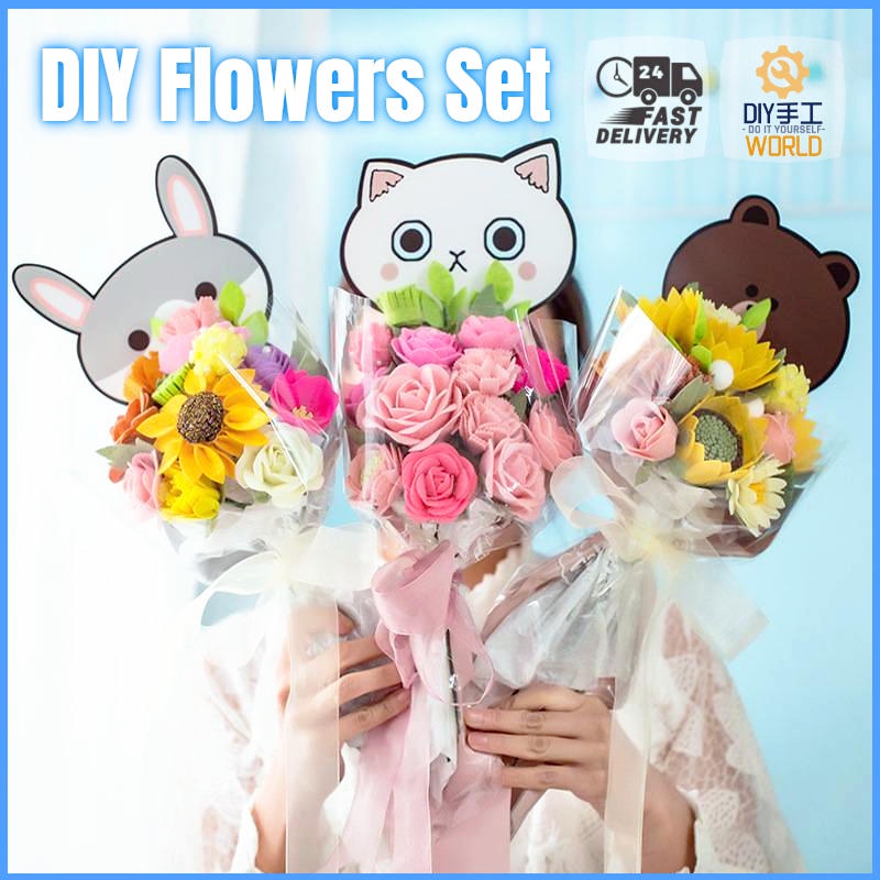 Hand Knitted Set / Bouquet Homemade Crochet Flowers Set / DIY Material Package Kit Flowers Bouquet Set - Valentine's Day Girlfriend Gifts / Teacher Gift