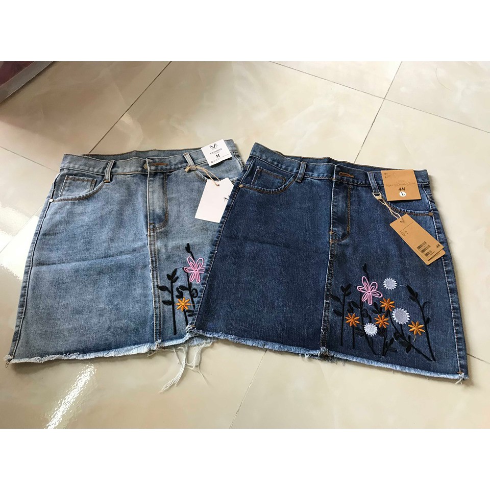 Chân váy jeans nữ thêu hoa