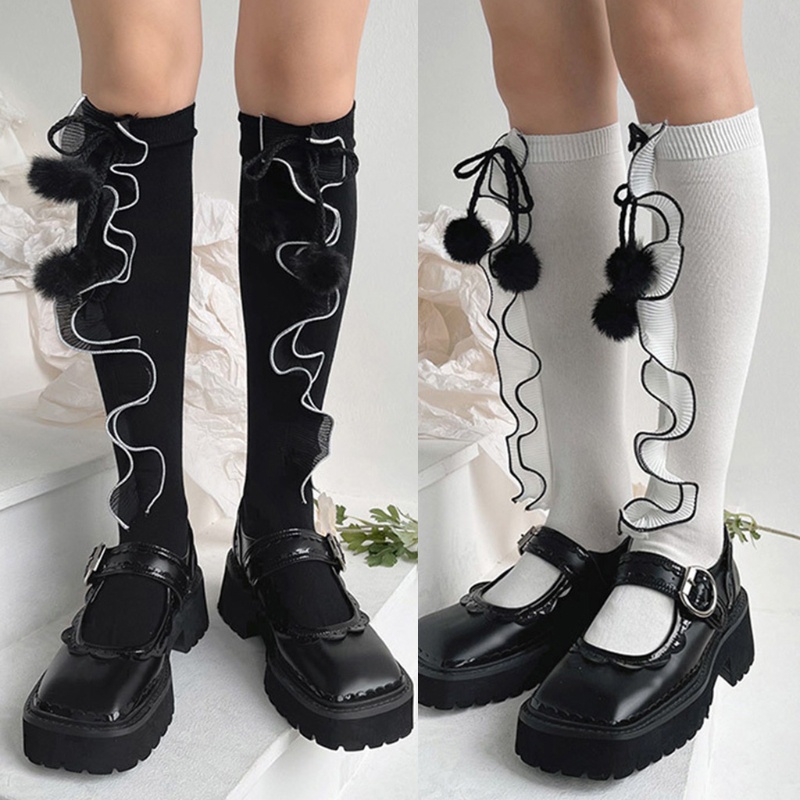 Youyo Vớ Dài Qua Gối Phối Lông Xù Xếp Ly Có Gân Đính Nơ Ngọt Ngào Phong Cách Lolita Cho Bé Gái