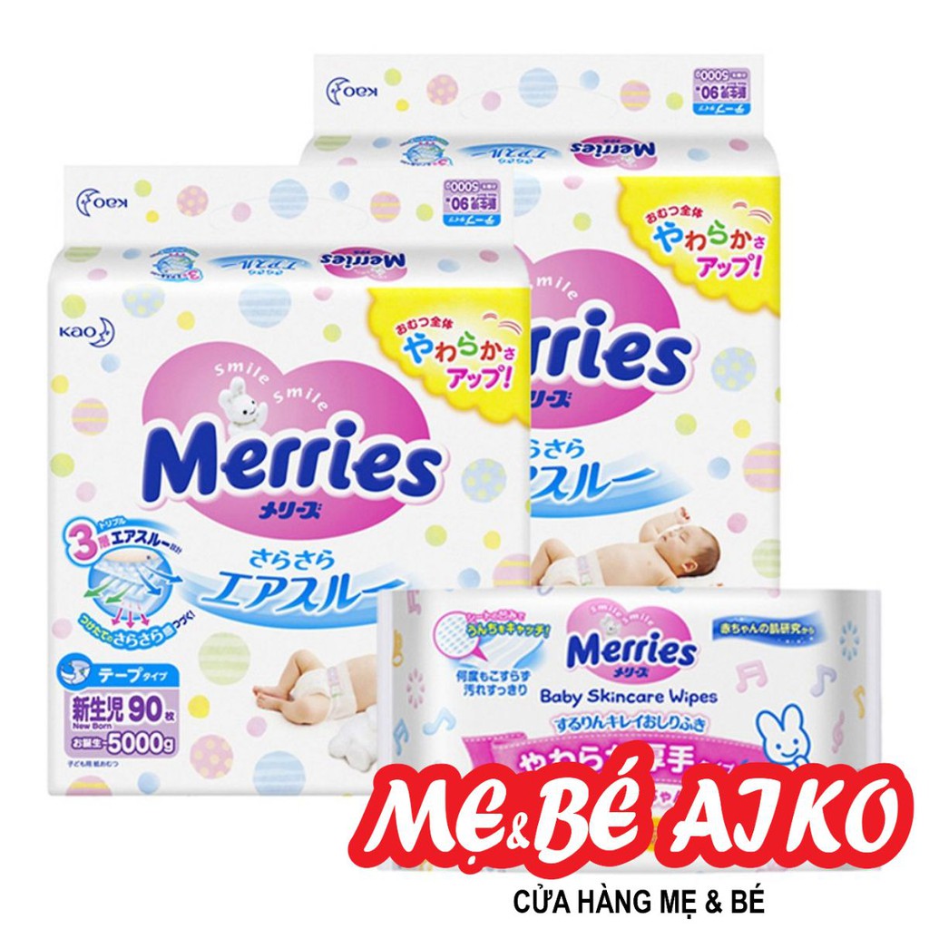 Mua 1 gói Tã/bỉm dán Merries size NB - 90 miếng (Cho bé dưới 5kg) tặng + 01 Gói Khăn Ướt Merries (54 Miếng)