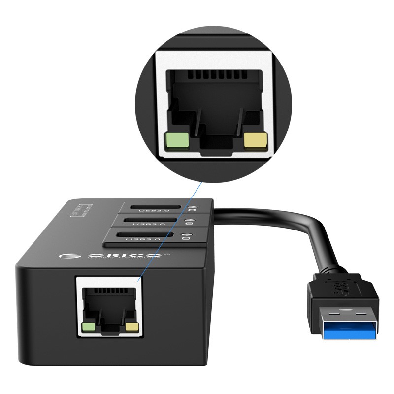 Bộ chia USB HUB 3 cổng USB 3.0 tích hợp cổng Lan Gigabit ORICO HR01-U3-BK( ĐEN) - Nhà Phân Phối Chính Hãng