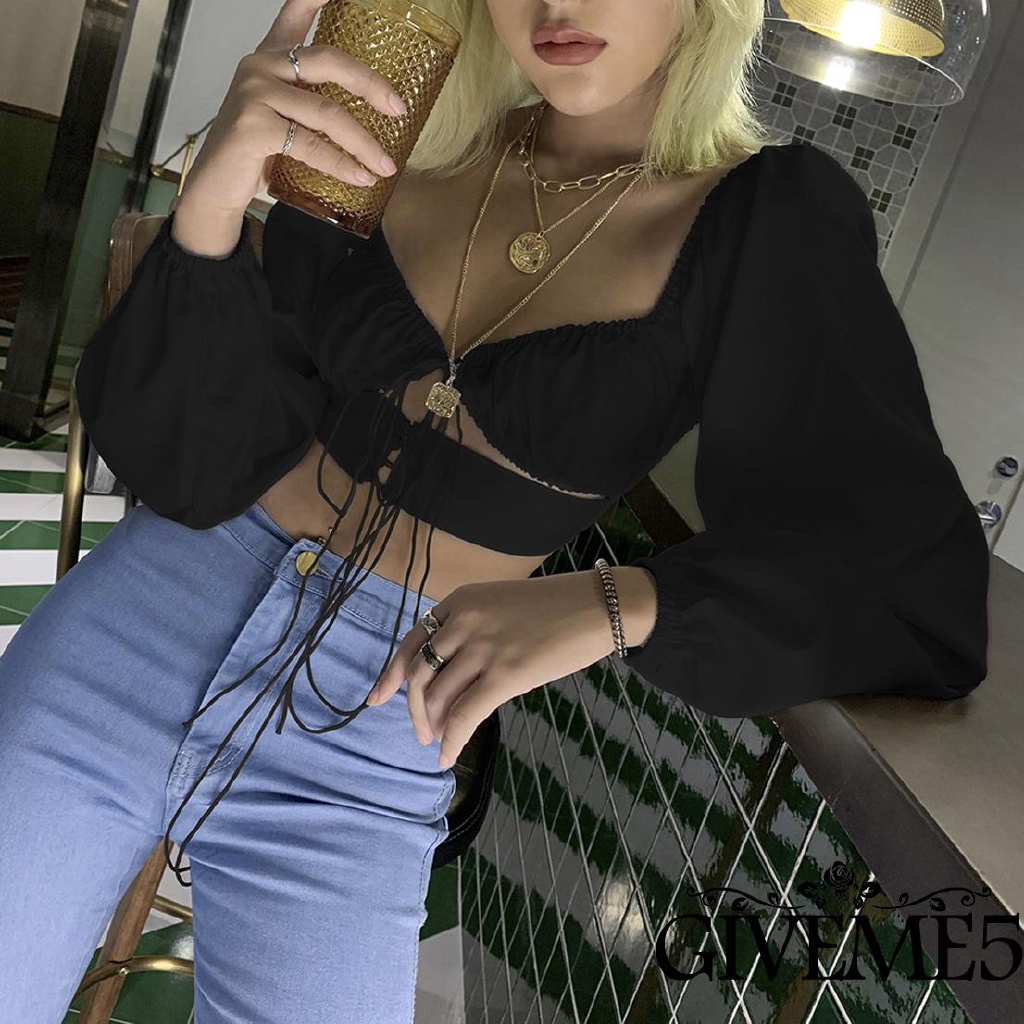 Áo Croptop Tay Dài Thiết Kế Khoét Quyến Rũ