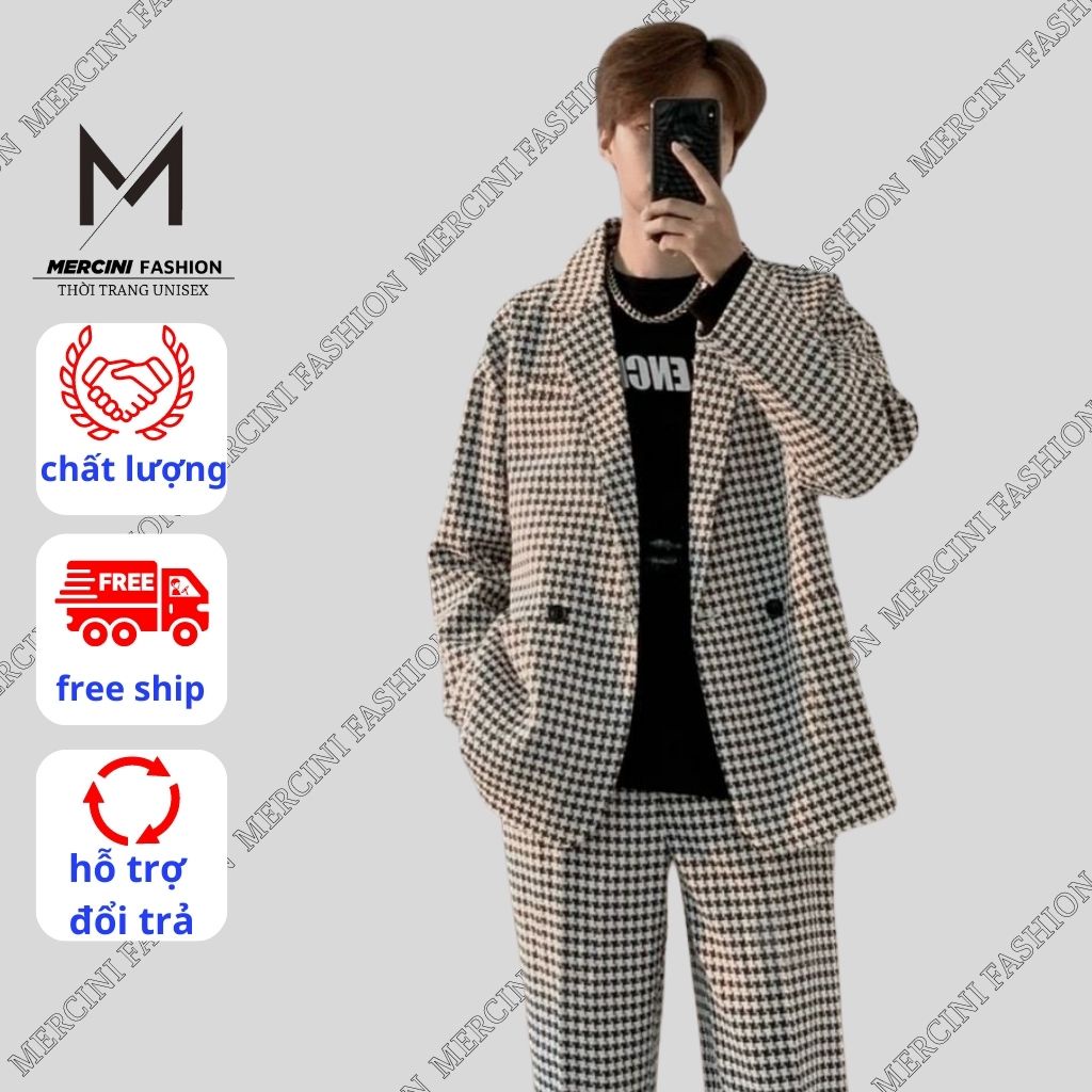 Áo Blazer MERCINI áo khoác blazer nam form rộng dày dặn may 2 lớp blazer kẻ cao cấp thời trang Hàn Quốc BL282