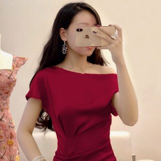 váy đầm phi lụa lệch vai nhún eo_hàng chất loại 1 cao cấp