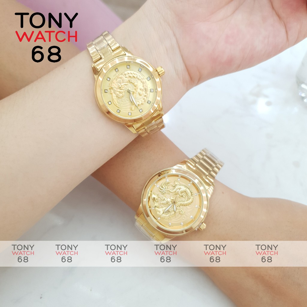 Đông hồ đôi nam nữ Winsley họa tiết rồng phượng nổi 3D mạ vàng chống nước chính hãng Tony Watch 68