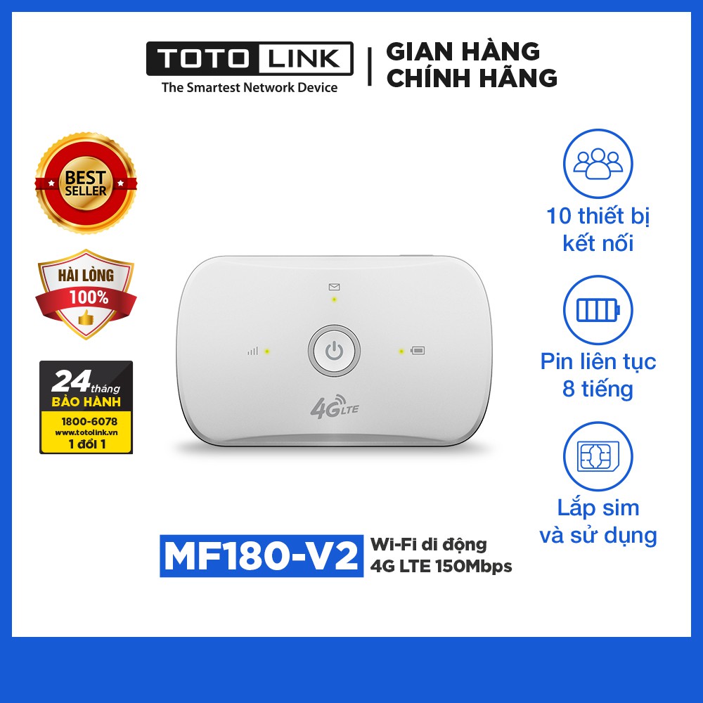 Bộ phát Wi-Fi di động 4G LTE 150Mbps TOTOLINK MF180-V2 Cục phát wifi du lịch dùng Sim nhỏ gọn dễ cài đặt Hàng chính hãng