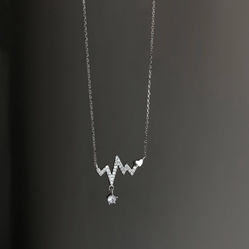 AJEWELRY Korean Diamond Heartbeat Shiny Necklace Pendant Girls Fashion Ins Exquisite Simple Clavicle Chain Women Fashion Jewelry Accessories Gift