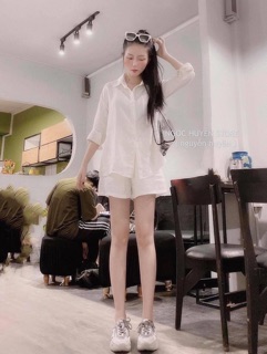 Set sơ mi tay dài + quần short trắng