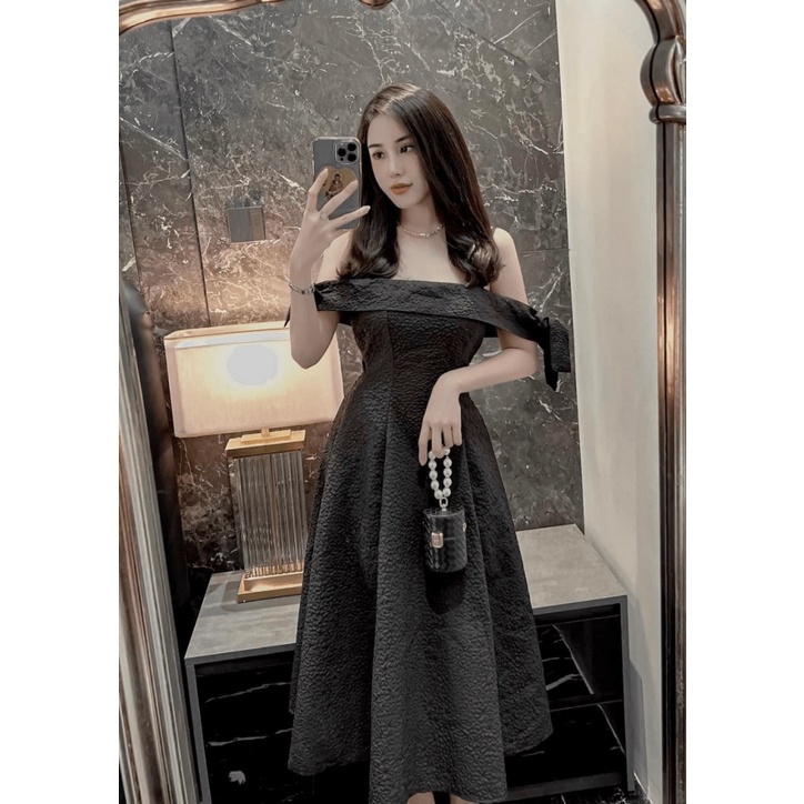 Mẫu Mới Đầm XÒe Nữ Gấm Xốp HOa nHí Có Mút Ngực Bẹt Vai Lả Lơi Dự Tiệc Siêu HOt Pu