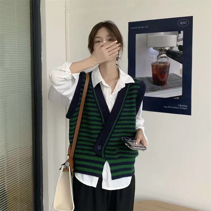 Áo Len Không Tay Cổ Chữ V Dáng Rộng Họa Tiết Kẻ Sọc Thời Trang Hàn Quốc Cho Nữ | BigBuy360 - bigbuy360.vn