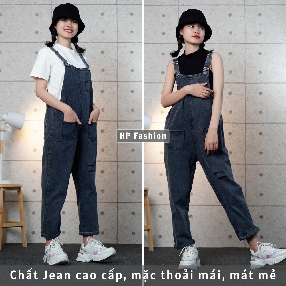 Quần yếm nữ ❤️ yếm jean dài rách đùi cá tính, phối túi cực xinh phong cách Ulzzang - QJ25 | BigBuy360 - bigbuy360.vn