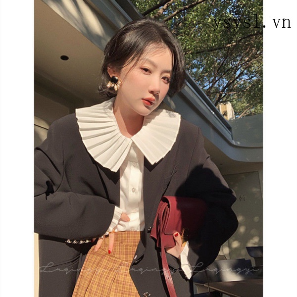 Áo Sơ Mi Tay Dài Cổ Búp Bê Viền Bèo Màu Trắng Phong Cách Retro Thời Trang Cho Nữ