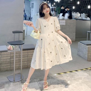 [váy bầu] Đầm Bầu Cổ Chữ v Thêu Hoa Phong Cách Mori Thời Trang Mùa Hè Mới