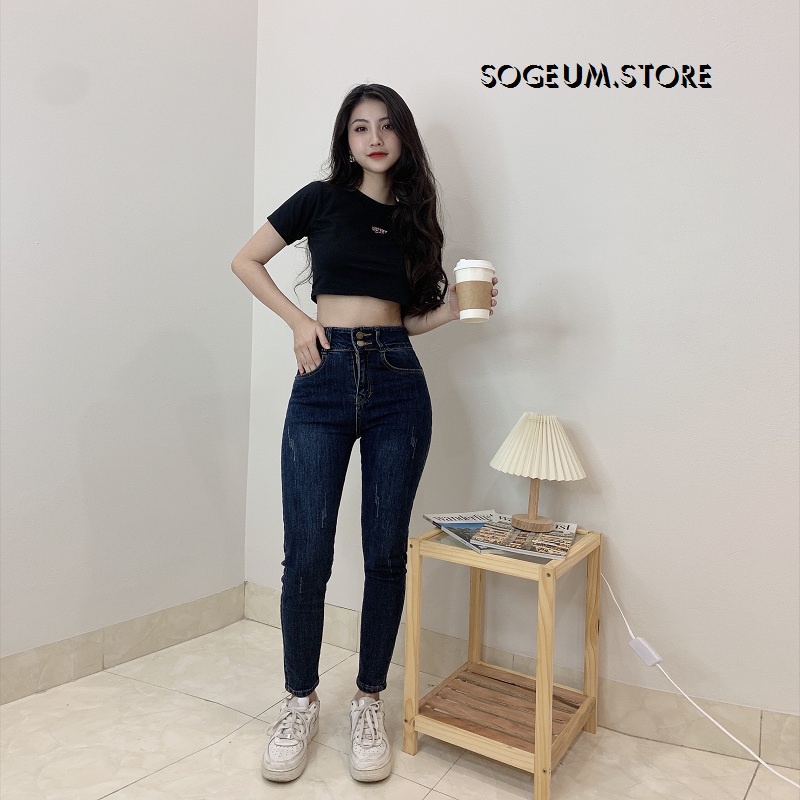 Quần Jean co giãn xước đùi lưng cao màu xanh đậm, quần bò nữ ôm dáng 9011 sogeum.store
