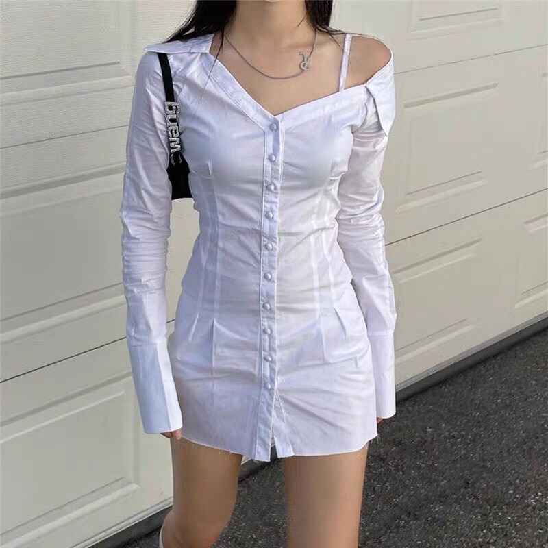 Đầm tay dài cài cúc kèm ảnh thật