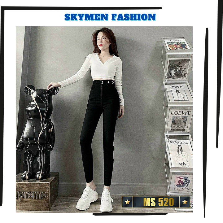 Quần jean nữ lưng cao rách gối mặc tôn dáng chất jean cotton co giãn tốt-  MS522