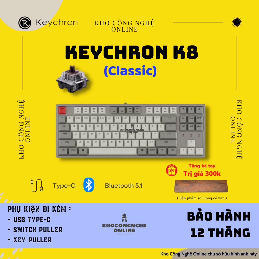 Bàn Phím Cơ Không Dây Keychron K8 HotSwap - Không Led | Keychron Switch