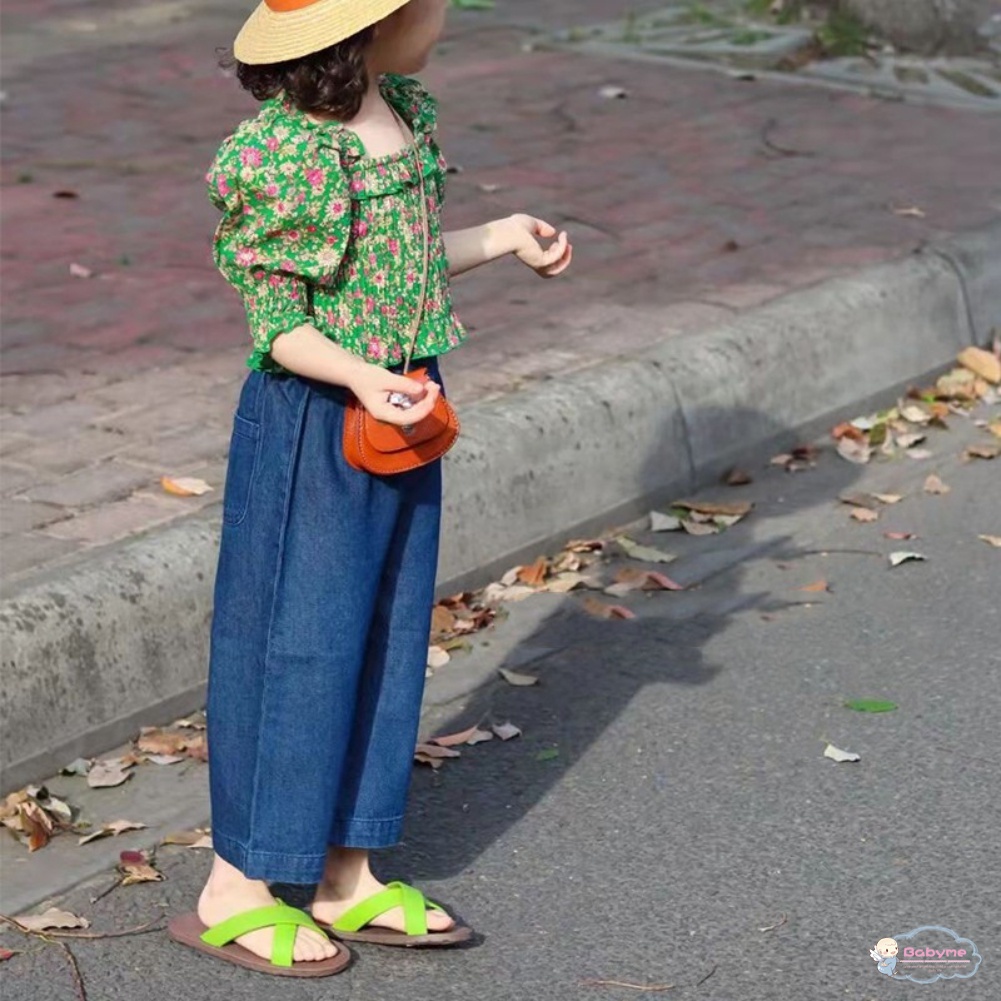 Set Đồ 2 Món Gồm Áo Hoa + Quần Denim Hàn Quốc Dễ Thương Cho Bé Gái