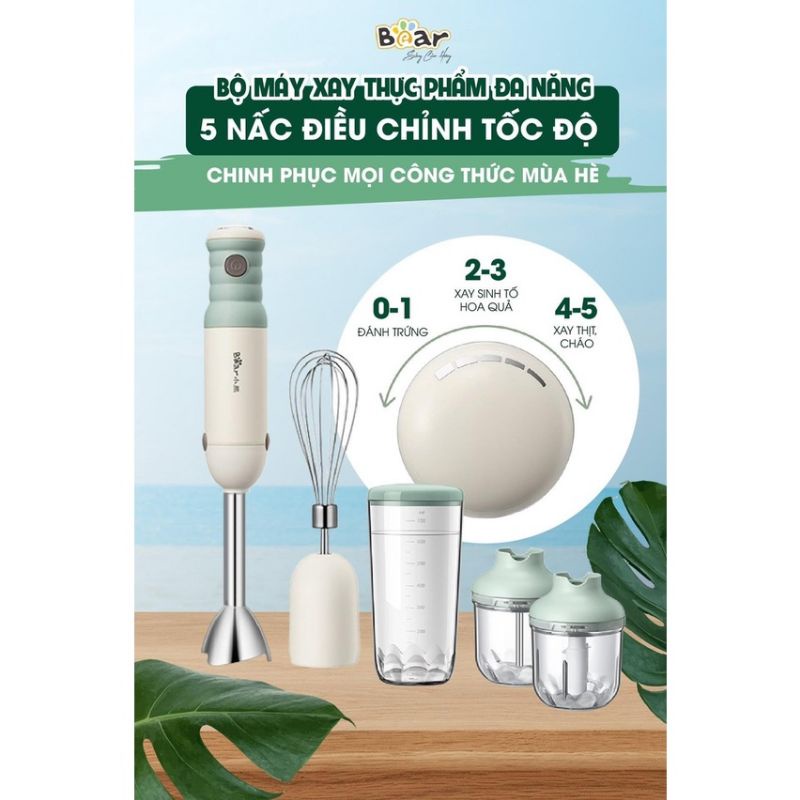 Bộ máy xay cầm tay đa năng 5 chi tiết Bear, inox 304 chống gỉ, 500W xay đa năng nhiều món, giảm tiếng ồn, tháo rời
