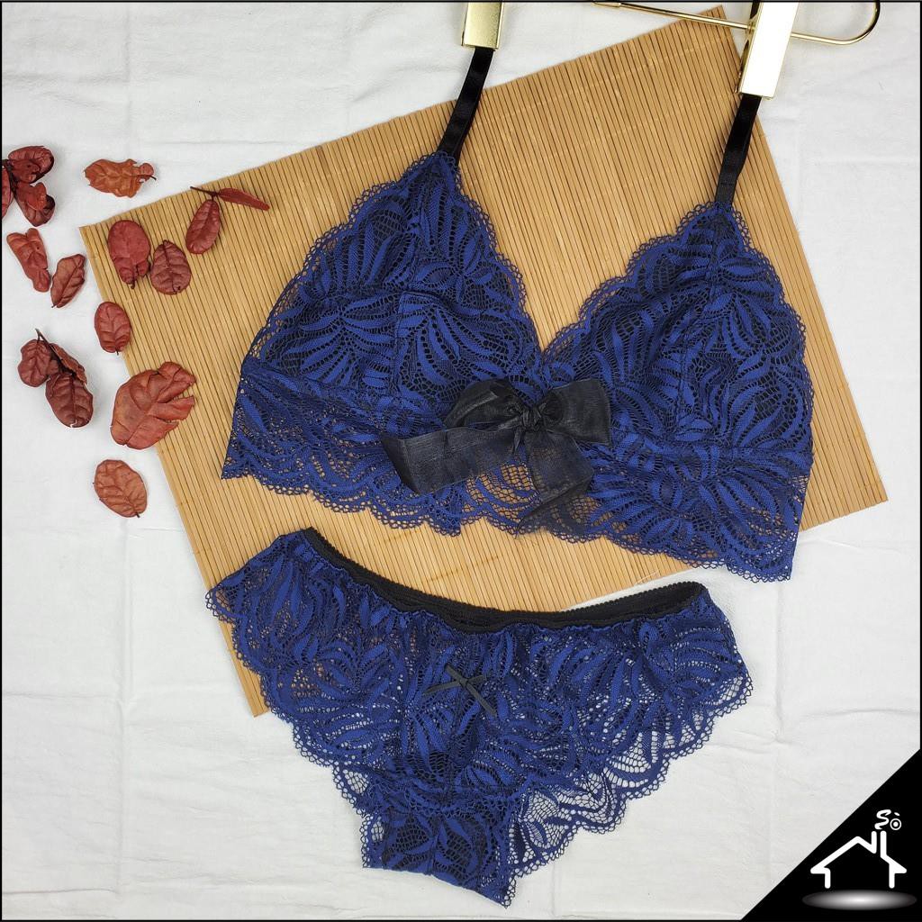 Bộ đồ lót ren không gọng mút vừa gợi cảm màu xanh dương quần tam giác - Nội y sexy by NHÀ SÒ Bralette NS134