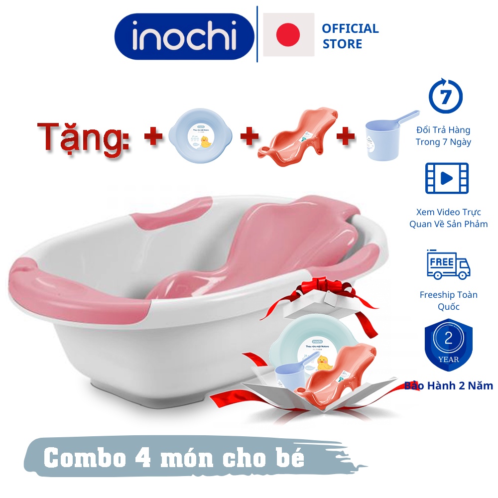 Chậu Tắm Cho bé sơ sinh loại to kèm tựa lưng nhựa cho trẻ em notoro Inochi tặng gáo thau rửa mặt gấp gọn