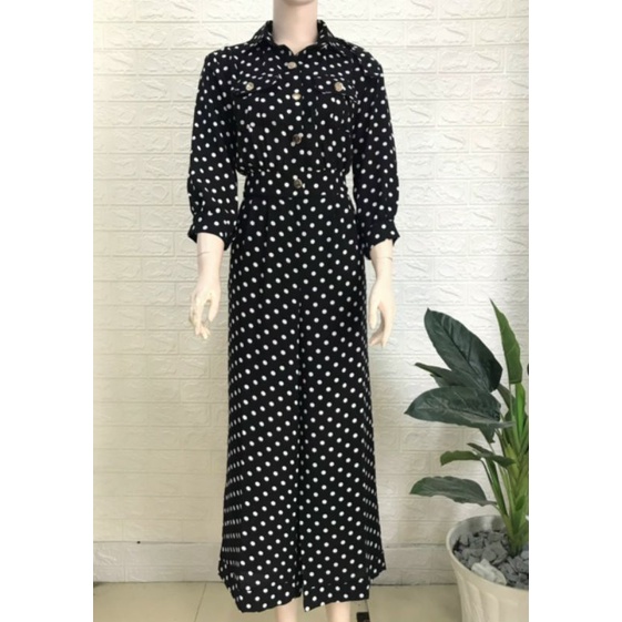 Jumpsuit dài lụa chấm bi cổ sơ mi, bộ jum đồ bay trẻ trung sang trọng - DTH