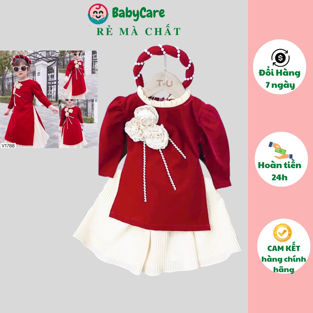 (10-35kg) Áo Dài Cách Tân Nhung đỏ bé gái chất đẹp