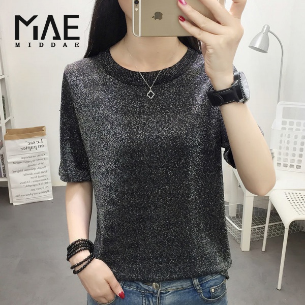 Women's loose bright silk T-shirt base shirt 2021 summer new Korean style ice silk knitted short-sleeved round neck top ins