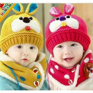 Bộ mũ len tai thỏ kèm khăn quàng ấm áp cho bé yêu| Mũ len tai thỏ