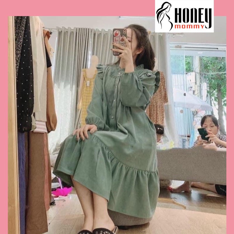 Đầm Bầu Váy Bầu Thu Đông Chất Nhung Tăm Dày Ấm Cổ Tàu Xinh Xắn Lịch Sự HD4659 Honey Mommy