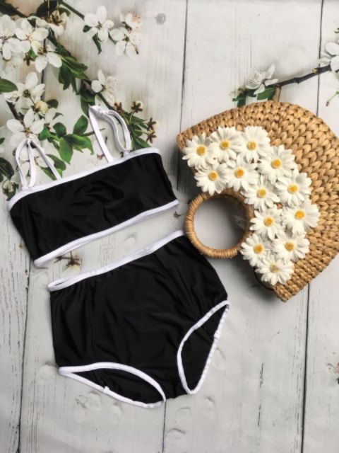 Bikini 2 mảnh vintage cạp cao 4 màu xanh than, đỏ, đen, rêu hoa | BigBuy360 - bigbuy360.vn