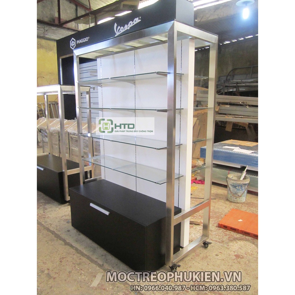 Tay đỡ kính có vấu kết hợp với thanh ray làm kệ trưng bày - Mã TD09