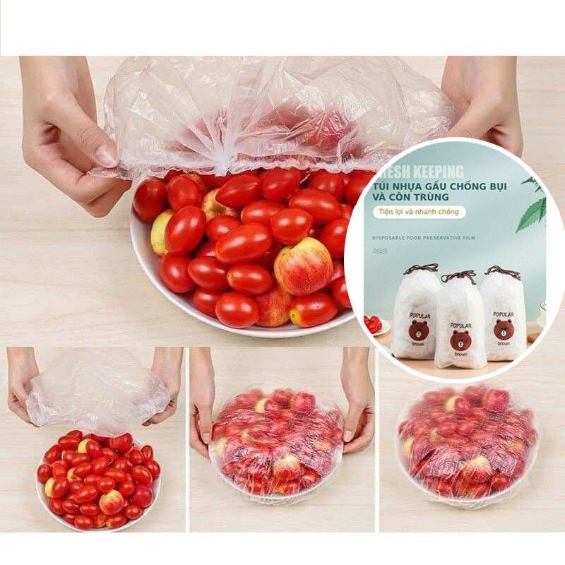 Combo 100 màng bọc thực phẩm, túi bọc thực phẩm nilong có chun co giãn, tái sử dụng