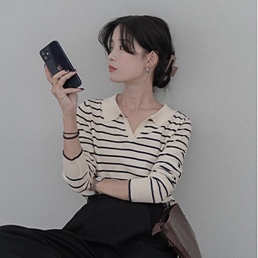 Porozi  Áo sweater  dệt kim dài tay kẻ sọc phong cách Hàn Quốc