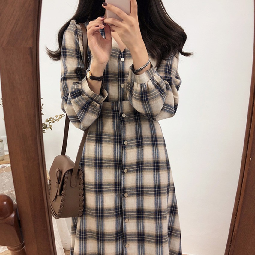 Đầm caro tay dài phong cách thanh lịch cho nữ