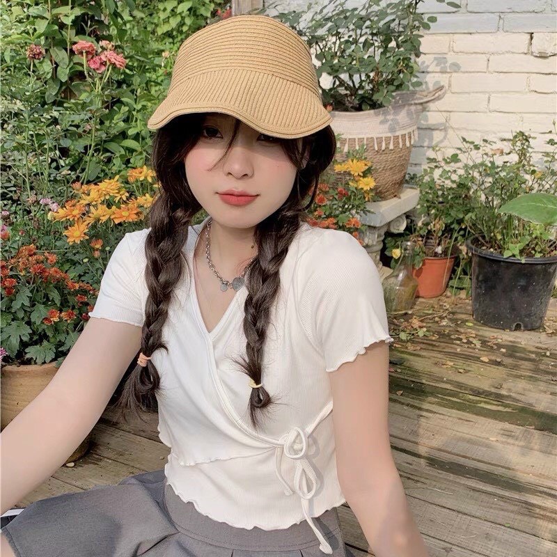 Áo kiểu croptop đắp chéo cột dây cực xinh , chất thun gân mềm mịn ( ảnh thật )