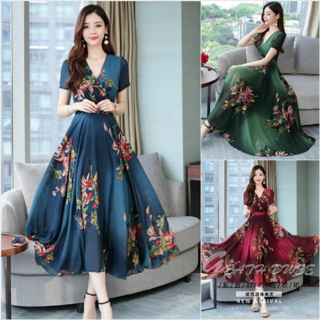 Hàng nhập - Đầm dáng xòe voan lụa dự tiệc, váy maxi, đầm hoa