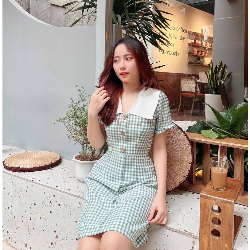 Đầm nữ caro công sở thiết kế xinh thanh lịch cổ v dáng xòe tay ngắn xanh nhạt thời trang trẻ trung đi làm đi chơi - LuxW