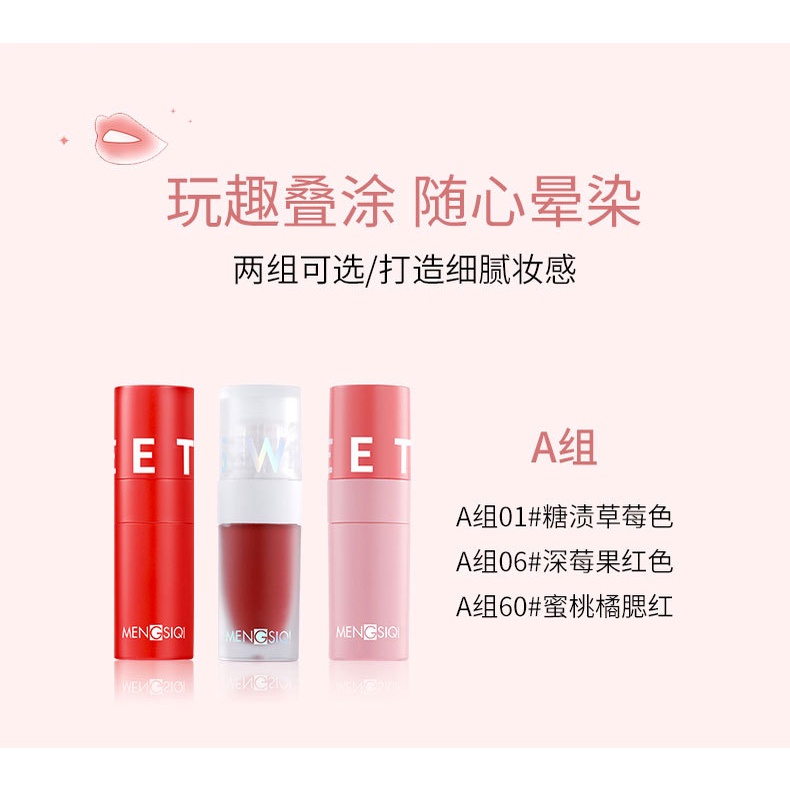 Set 3 Son Môi Mengsiqi Sweet Kiss Soft  Fog Suit Dạng Kem Siêu Lì Làm Phấn Má Hồng Dưỡng Ẩm Không Khô Nội Địa Trung