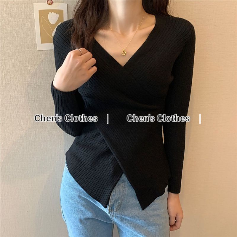 Áo len tăm nữ body cổ V vạt chéo siêu sang chảnh