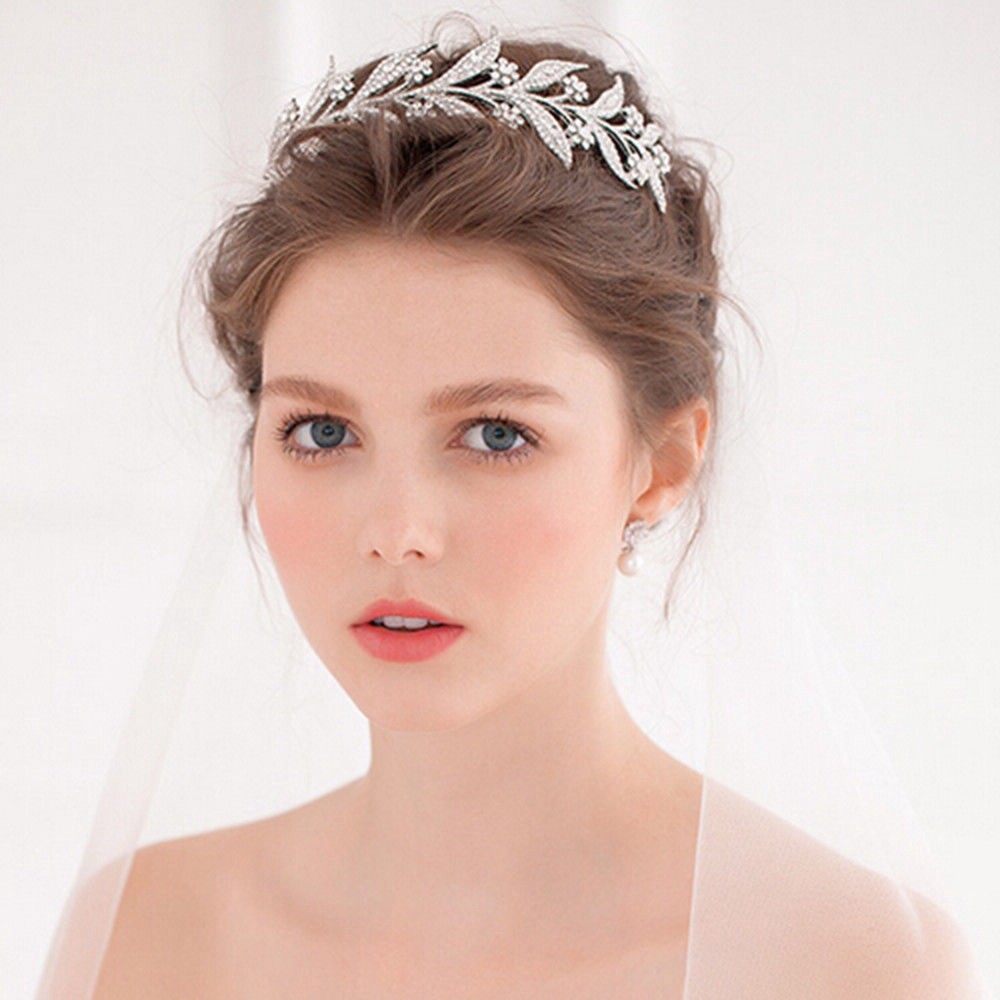 Vương miện hình lá đính đá pha lê sang trọng dành cho cô dâu