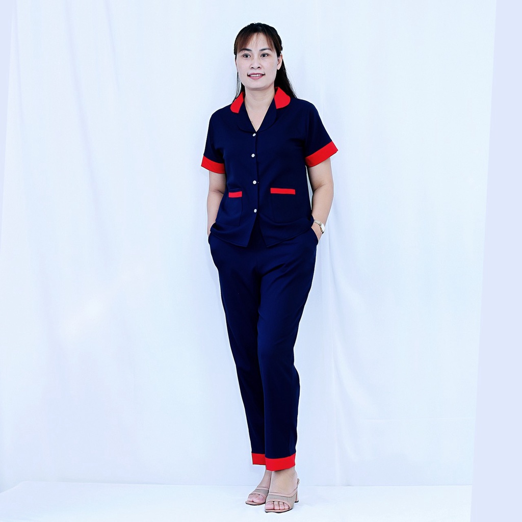 Bộ pizama nữ mặc nhà quần dài tay ngắn màu xanh đen 2 túi dưới pha cổ đỏ vải lụa cao cấp -Nhẹ Nhàng Quyến Rũ