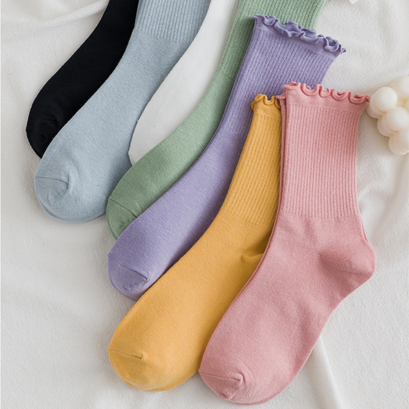 Vớ cotton dệt kim viền bèo nhún màu kẹo trơn phong cách mùa thu cho nữ