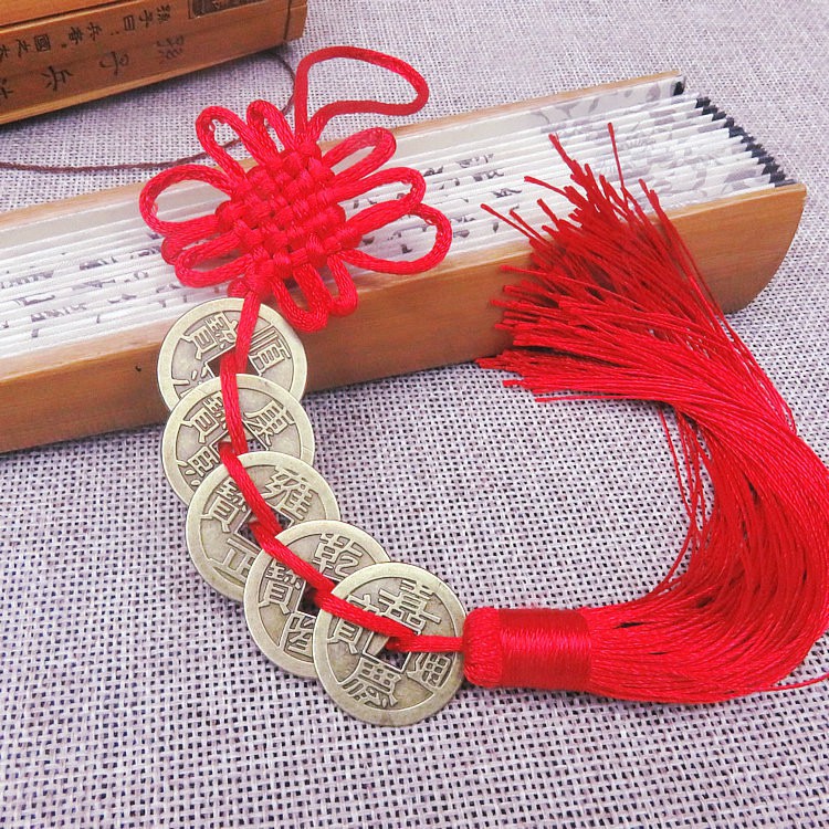 Đồng tâm kết đồng xu ngũ đế dây treo đồng tiên chiêu tài may mắn phong thủy